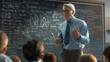 © Studio Nova - A seasoned educator discusses complex topics with students in front of a chalkboard filled with formulas.