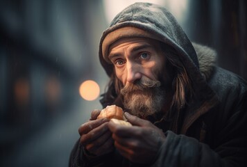 Wall Mural - Homeless man sitting on the street and eating