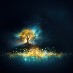 Wall Mural - Colorful magical tree growing on a little island, with a sparkling energy wave in the background. Spirit tree resonating with cosmic energy. Copy space.