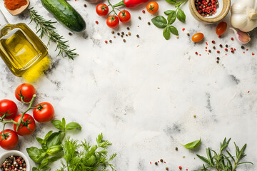 Poster - Fresh Vegetables, Spices, and Olive Oil on a Marble Background