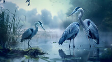 A Pair Of Elegant Herons Fishing In A Tranquil Marsh