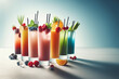 Gesunde Frucht-Shakes in verschiedenen Farben, in hohen Gläsern serviert und garniert mit frischem Obst, vor einem hellen, sauberen Hintergrund, copy space