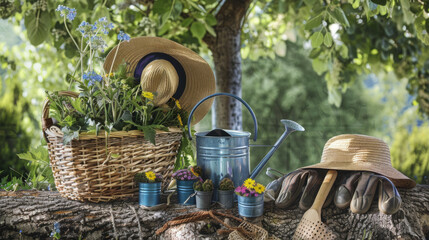 Canvas Print - A quaint gardening set with a wicker basket and colorful blooms is arranged on a tree stump.