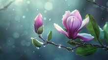 Free Copy Space, A Pink And Purple Magnolia Flower Hangs In The Air. There Are Two Buds On The Flower Branch And Three Green Leaves