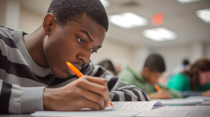 Wall Mural - A young male student with glasses engrossed in writing during a classroom exam.