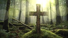 Experience The Quiet Dignity Of A Weathered Grave Marker Adorned With A Mossy Cross, Its Presence Imbuing The Forest With A Sense Of Reverence And Reflection In Stunning 4K Looping Footage.