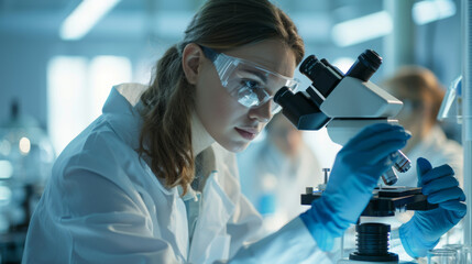 A scientist is examining a specimen through a microscope in a modern laboratory setting.