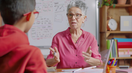 Canvas Print - An educator discusses a topic with visible graphs on the whiteboard behind her.