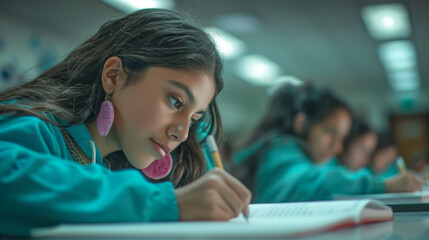 Wall Mural - student is writing an exam in a classroom setting.