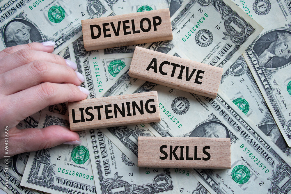 Listening skills symbol. Concept word Develop active listening skills ...