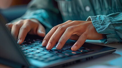 Poster - Close-up of hands typing on a backlit laptop keyboard in a dimly lit setting.