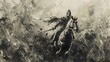 Abstract black and white ink painting of a knight on horseback. Traditional brushwork with dynamic splashes