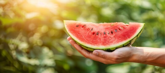 Wall Mural - Hand holding watermelon wedge with blurred watermelon selection background, ideal for text placement