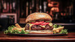 Towering burger masterpiece loaded with beef, cheese, lettuce, tomato, onion, in friendly bar.