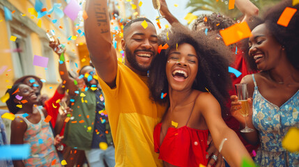 Canvas Print - A group of friends is enjoying a vibrant party with confetti and balloons.