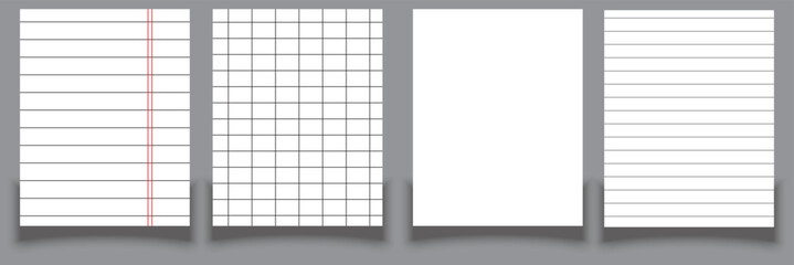 Wall Mural - Set of vector realistic illustrations of a torn sheet of paper from a workbook with shadow, isolated. Vector illustration.