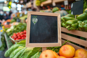 A chalkboard sign, standing in front of colorful vegetables and fruits at an organic market stand. AI Generated