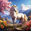 Unicorn with a golden mane and tail in a beautiful garden