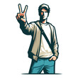 © lartestudio - Man showing peace sign vector illustration, happy male gesturing peace victory sign with hand, gladness, joyfulness, positive emotion design template isolated on white background