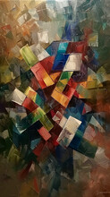 A Painting Of A Colorful Abstract Design With A Blue And Red Square In The Middle. The Painting Is Titled "The Colorful World"