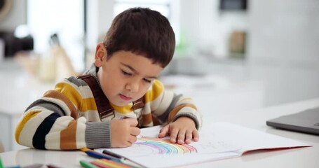 Sticker - Homework, relaxing and boy drawing with creativity, ideas and happy with book and education. Colorful, apartment and kid with child development and artistic with knowledge and learning with talent