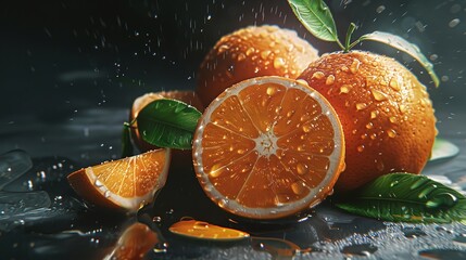 Wall Mural - vibrant oranges with water droplets glistening on the surface, against a dark background