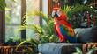 Macaw in modern apartment with green houseplant