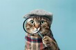 Cat Detective Looking Through a Magnifying Glass on a Blue Background with Space for Copy