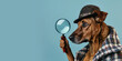 Dog Detective Looking Through a Magnifying Glass on a Blue Background with Space for Copy
