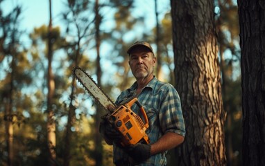 Poster - Confident man holding a chainsaw, standing in the forest.