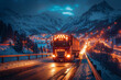 A semi-trailer truck journeying through a beautifully illuminated mountain pass covered in snow during twilight