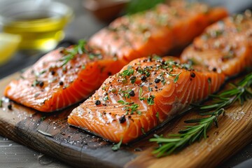 Delicious raw salmon seasoned with herbs and spices, ready for cooking on wooden cutting board