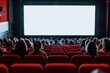 © romanets_v - Cinema blank wide screen and people in red chairs in the cinema hall. Blurred People silhouettes watching movie performance