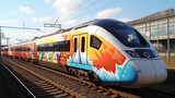 Fototapeta  - Intercity Train Painted in Graffiti Art By Vandals Photo In Motion