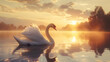 Graceful swan gliding majestically across a serene lake at sunset