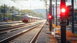Fototapeta  - Red Traffic Lights Near The Railroad Tracks With The Passenger High Speed Train Coming 