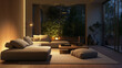 Cozy living room in the evening, wooden floor, minimalist cozy style, warm lights