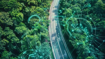 Aufkleber - Aerial View of Smart Highway With Futuristic Traffic Technology