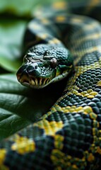 Poster - A close up of a snake with its head on top of some leaves. Generative AI.