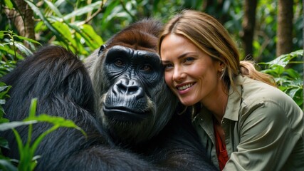 Poster - A woman is smiling while posing with a gorilla in the jungle. Generative AI.