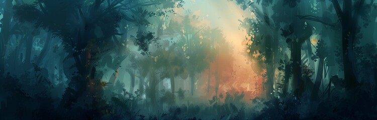 Sticker - beautiful landscape with forest and sun illustrated 