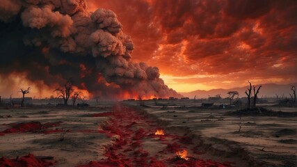 Poster - A large fire is burning in the middle of a desert. Generative AI.