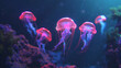 Luminescent jellyfish drifting serenely in the dark depths