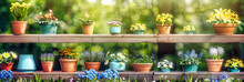 Gardening With Flowers, Spring Blooming, Rustic Wooden Pots, Nature And Beauty