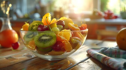Wall Mural - a fruit salad in a clear glass bowl containing slices of kiwi,and other assorted fresh fruits
