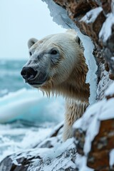 Poster - A polar bear peeking out of a hole in the ice. Generative AI.