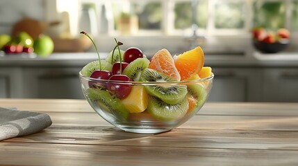 Wall Mural - a fruit salad in a clear glass bowl containing slices of kiwi,and other assorted fresh fruits