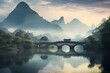 Li River over a river with trees and mountains in the background
