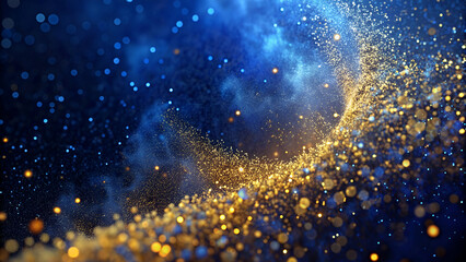 Wall Mural - abstract background with Dark blue and gold particle. Golden light shine particles bokeh on navy blue background. Gold foil texture. Holiday concept.