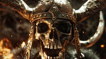 Close-up Of Ornate Viking Skull With Horns - Intricate Details On A Viking-style Skull With Horned Helmet, Glowing Eyes, And Fiery Atmosphere